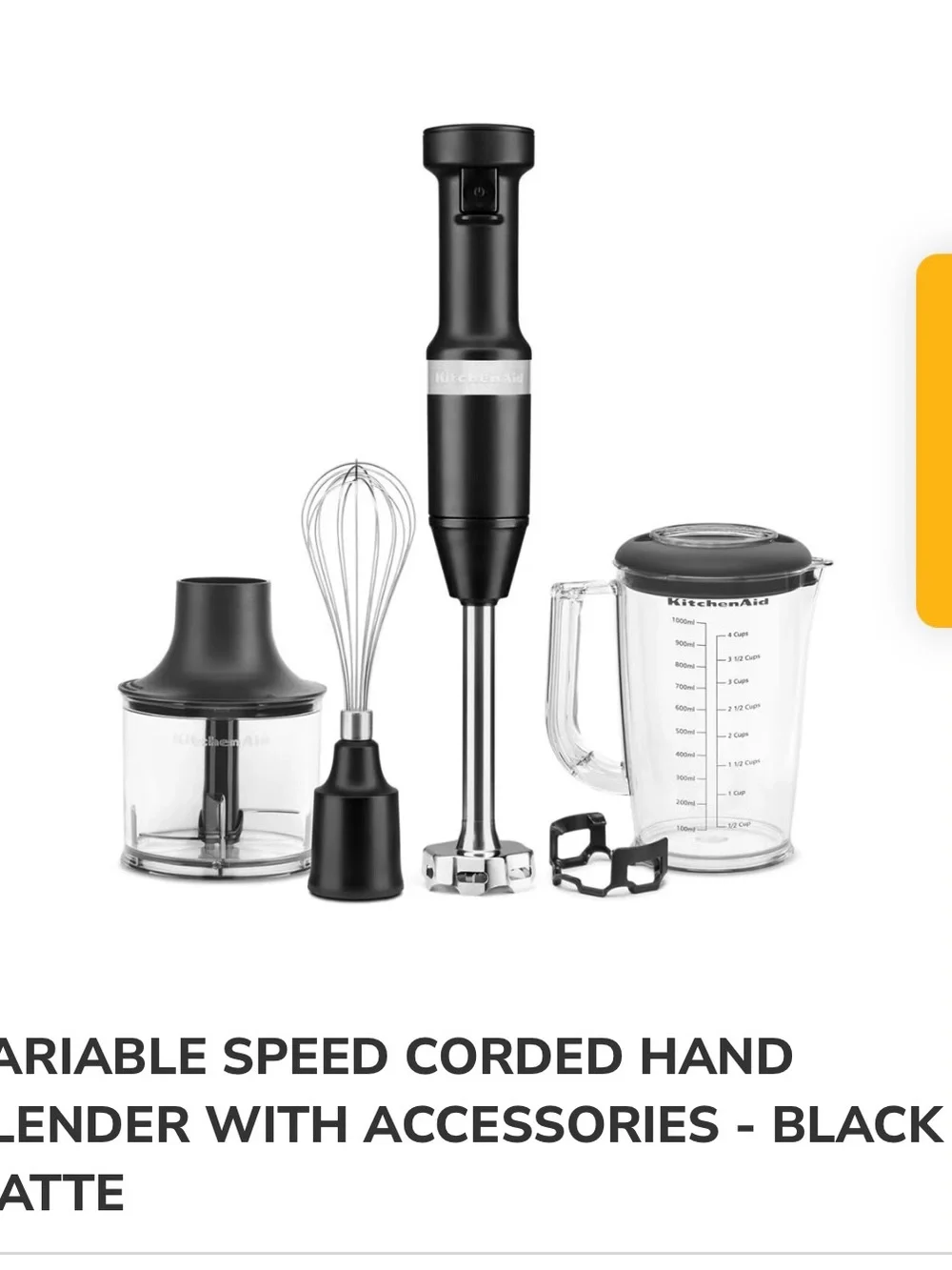 KitchenAid Black Matte Variable Speed Corded Hand Blender with Accessories